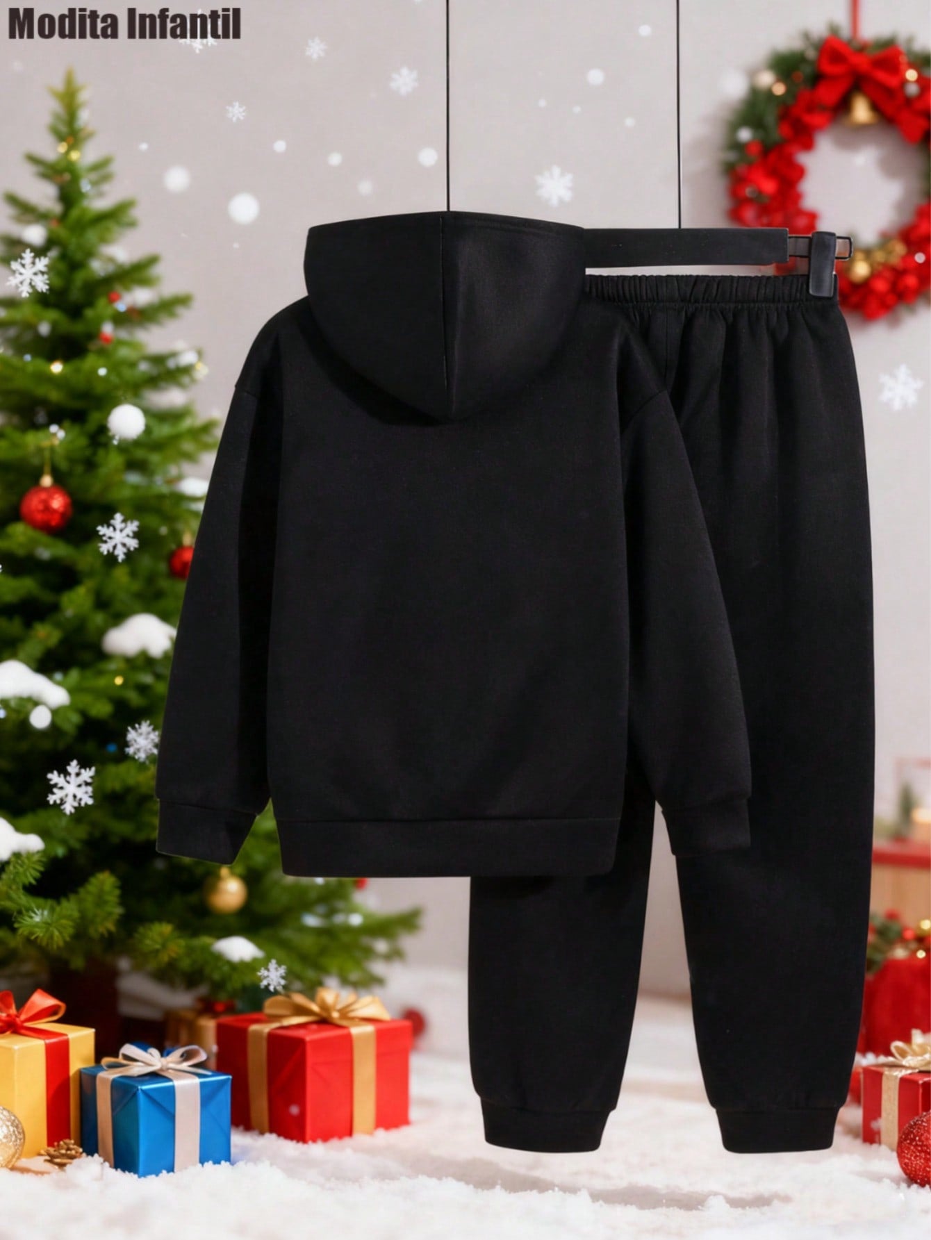 KID010|Navidad|2 piezas Chaquetas y pantalones para niñosConjunto de atuendo infantil para niños en estampado de Navidad, con sudadera con capucha y cremallera negra y pantalones deportivos complementarios