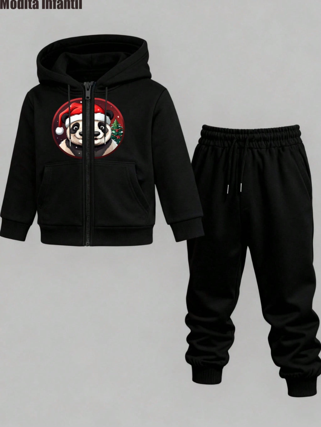 KID010|Navidad|2 piezas Chaquetas y pantalones para niñosConjunto de ropa infantil de pantalones y sudadera con capucha negros, featuring un oso panda con sombrero de Navidad en la sudadera