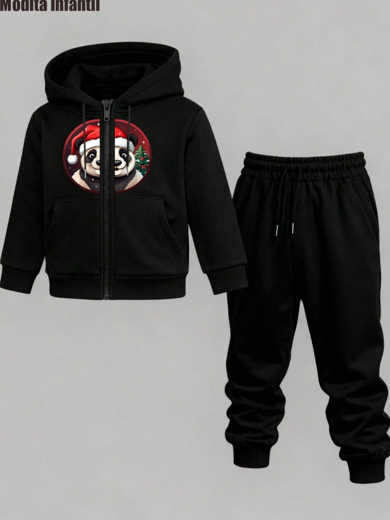 KID010|Navidad|2 piezas Chaquetas y pantalones para niñosConjunto de ropa infantil de pantalones y sudadera con capucha negros, featuring un oso panda con sombrero de Navidad en la sudadera